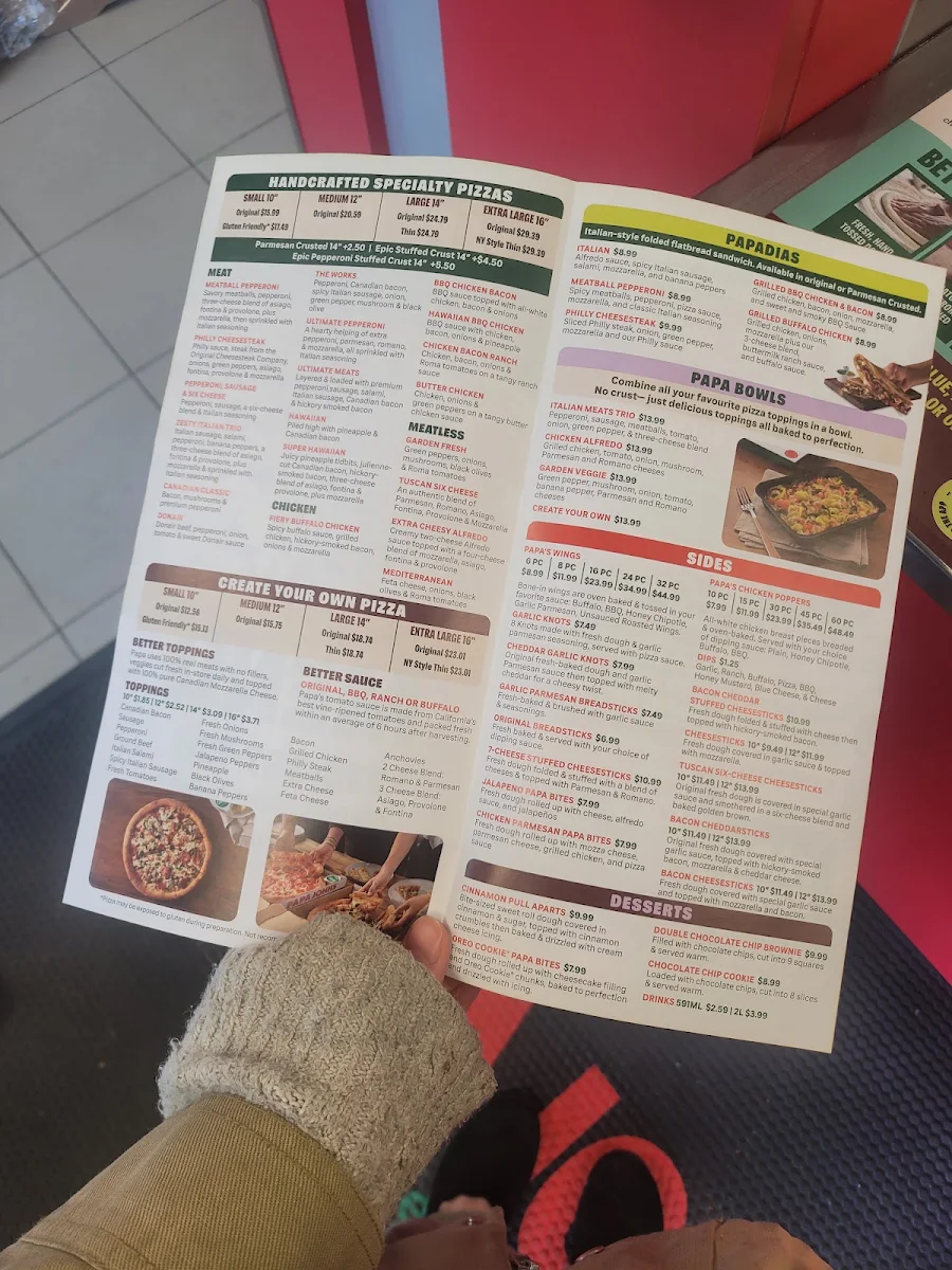 Menu, Papa Johns Pizza