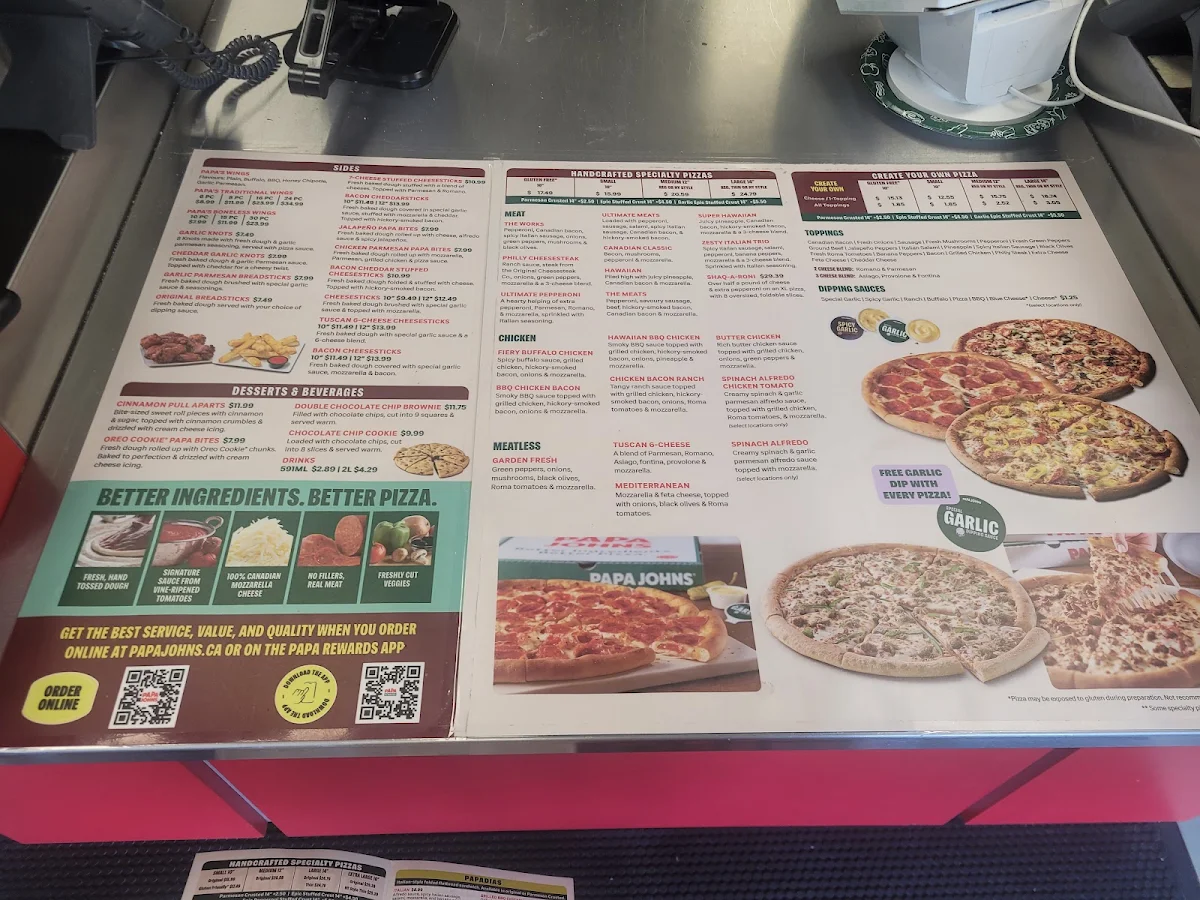 Menu, Papa Johns Pizza