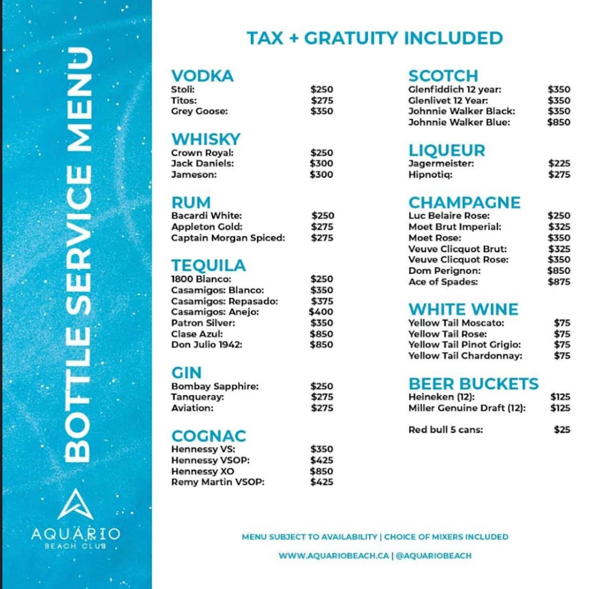 Menu, Aquário Beach Club