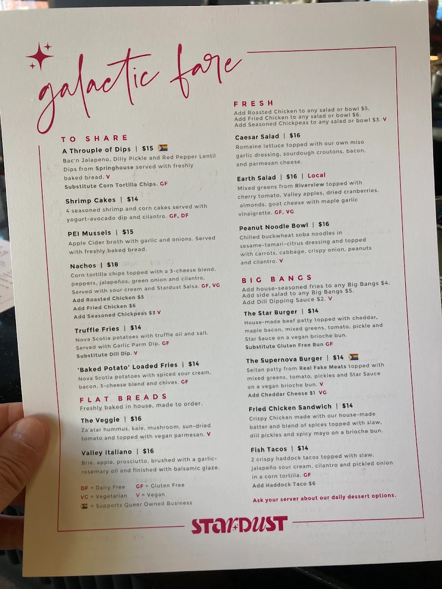 Menu, Stardust Bar + Kitchen