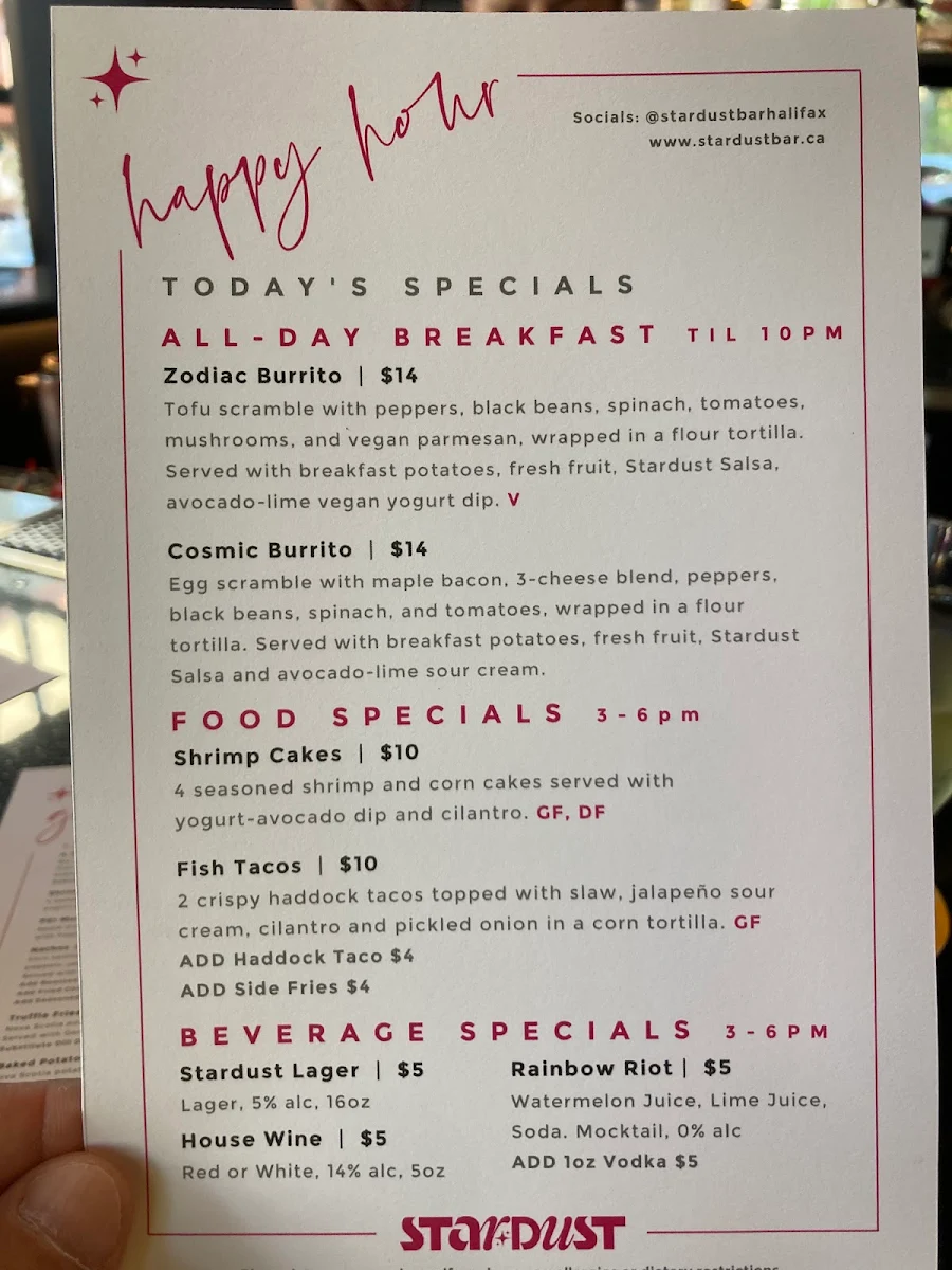 Menu, Stardust Bar + Kitchen