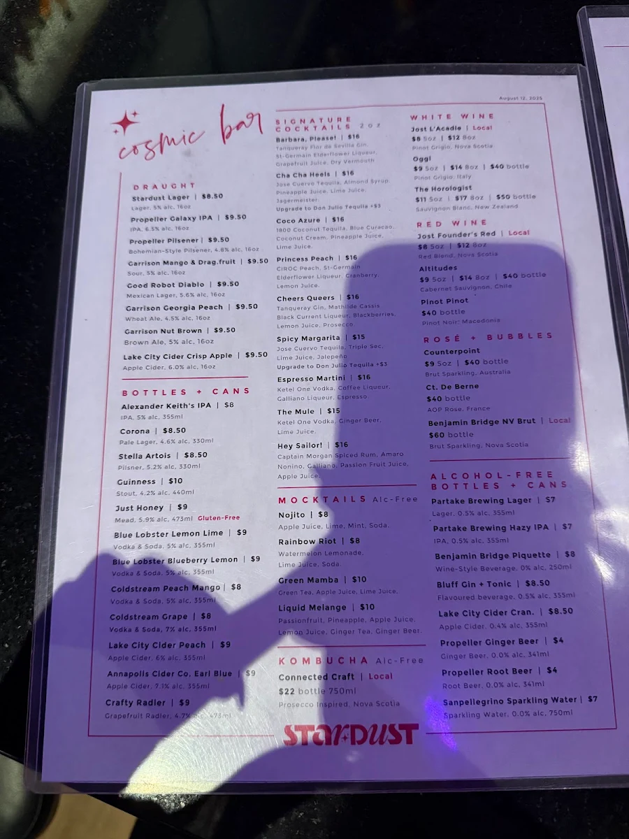 Menu, Stardust Bar + Kitchen