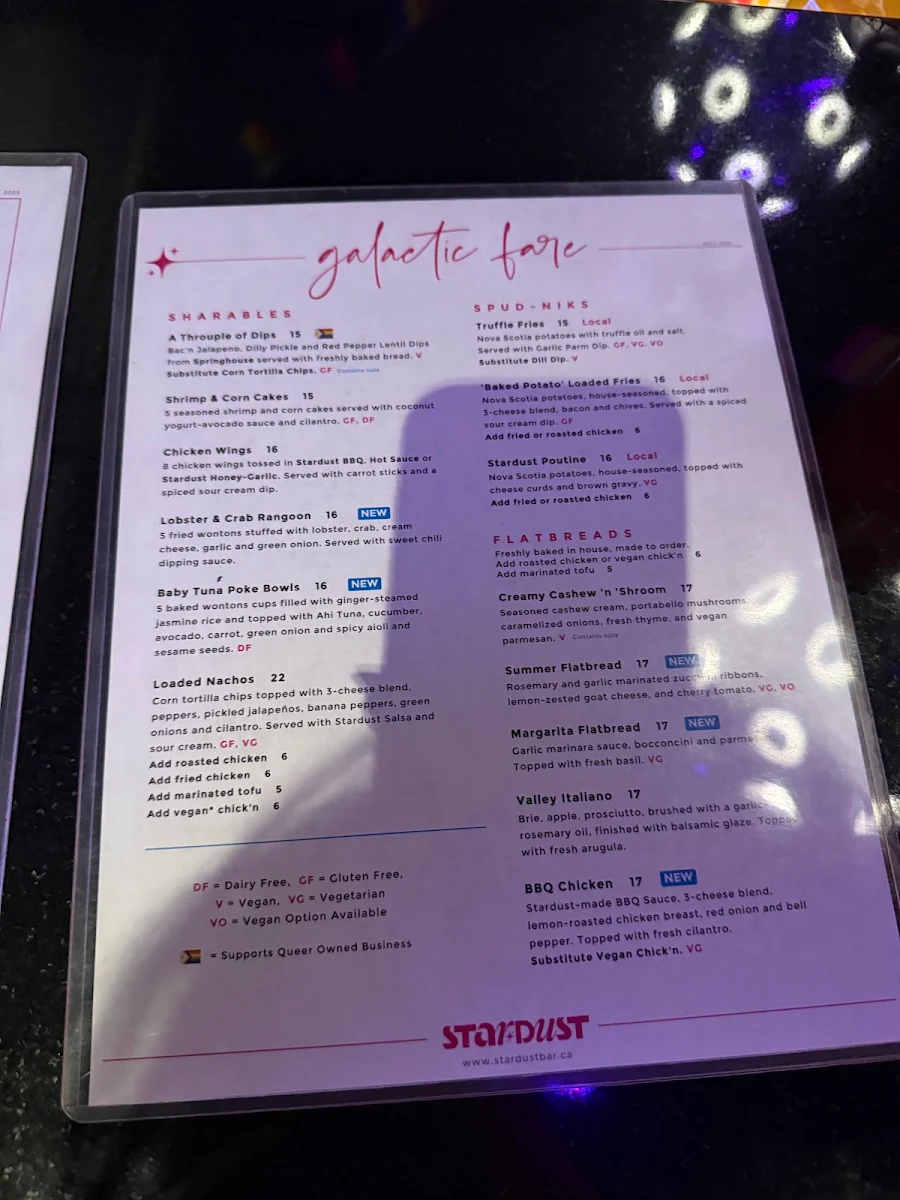 Menu, Stardust Bar + Kitchen