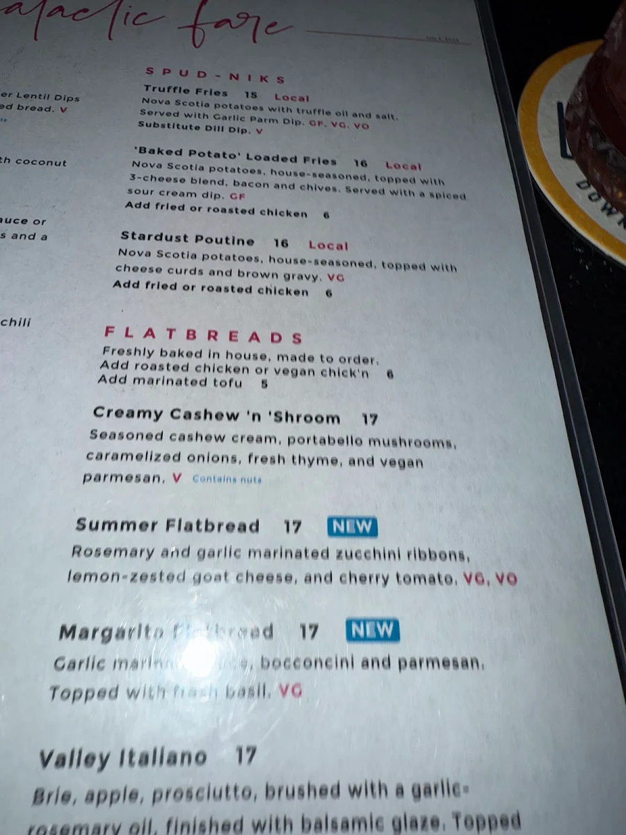 Menu, Stardust Bar + Kitchen