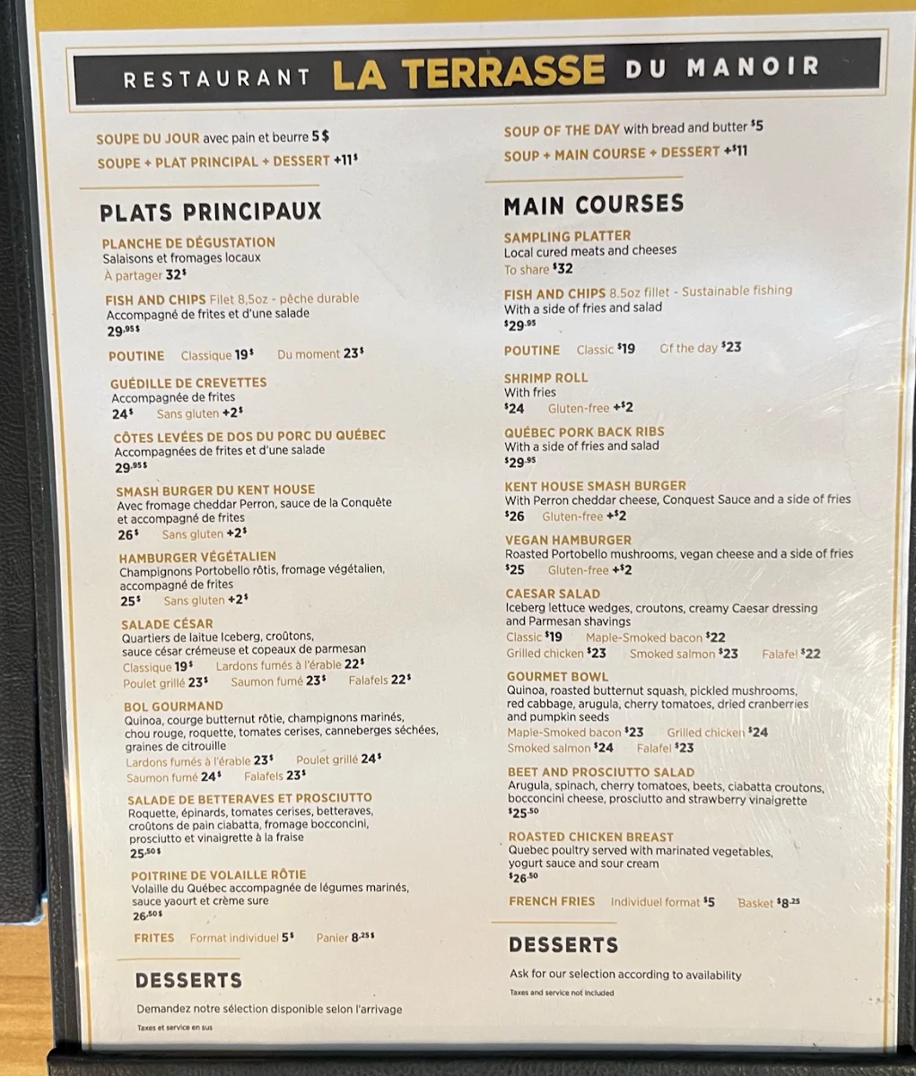 Menu, Restaurant-Terrasse Du Manoir