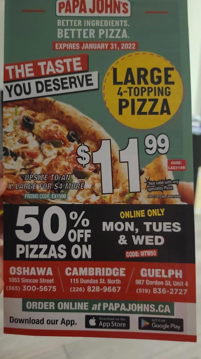 Menu, Papa Johns Pizza