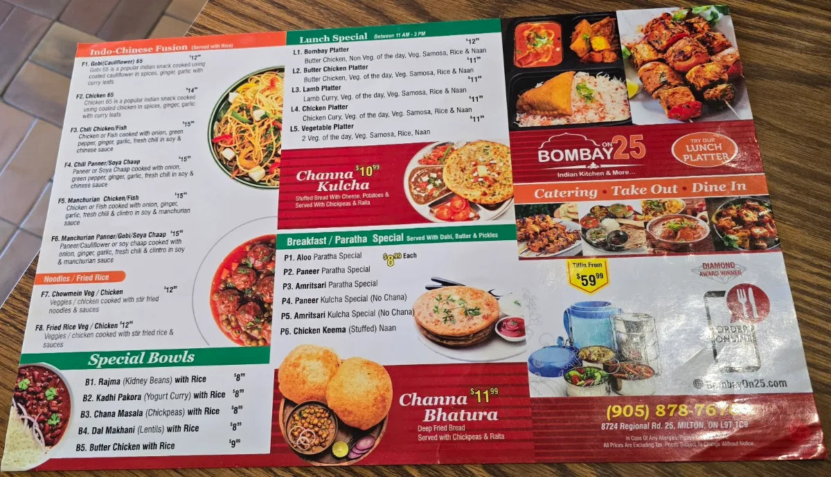 Menu, Bombay ON 25