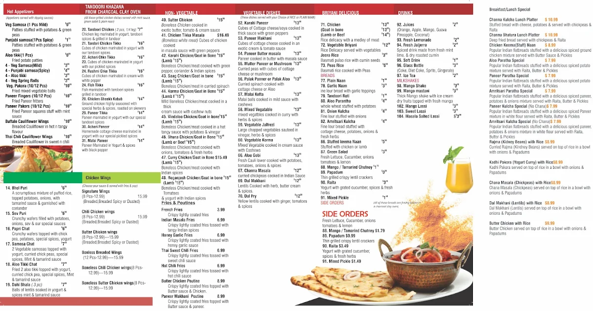Menu, Bombay ON 25