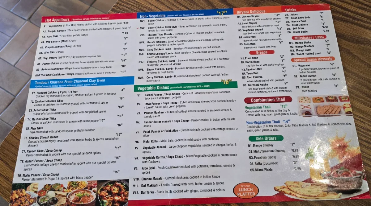 Menu, Bombay ON 25