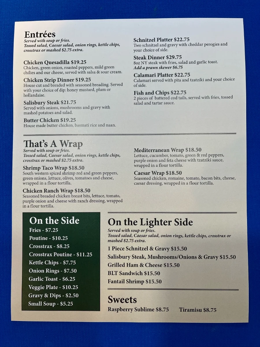 Menu, Overlander Pub