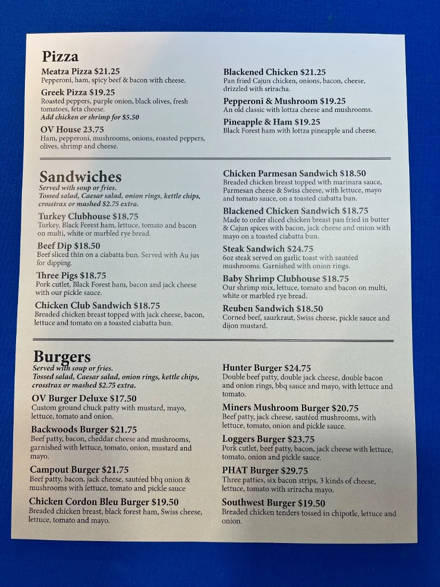 Menu, Overlander Pub
