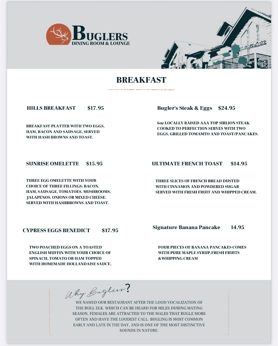 Menu, Buglers Dining Room and Lounge
