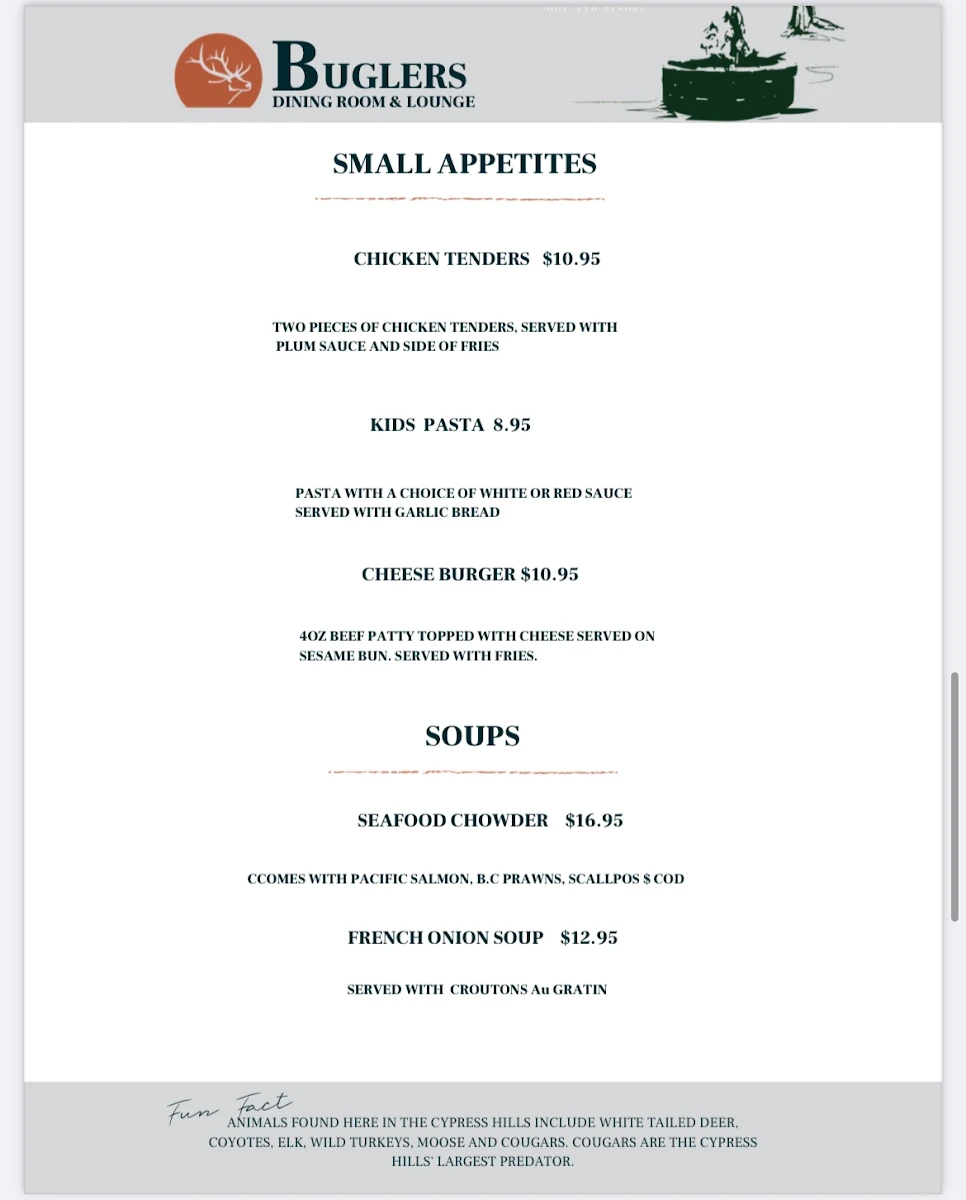 Menu, Buglers Dining Room and Lounge