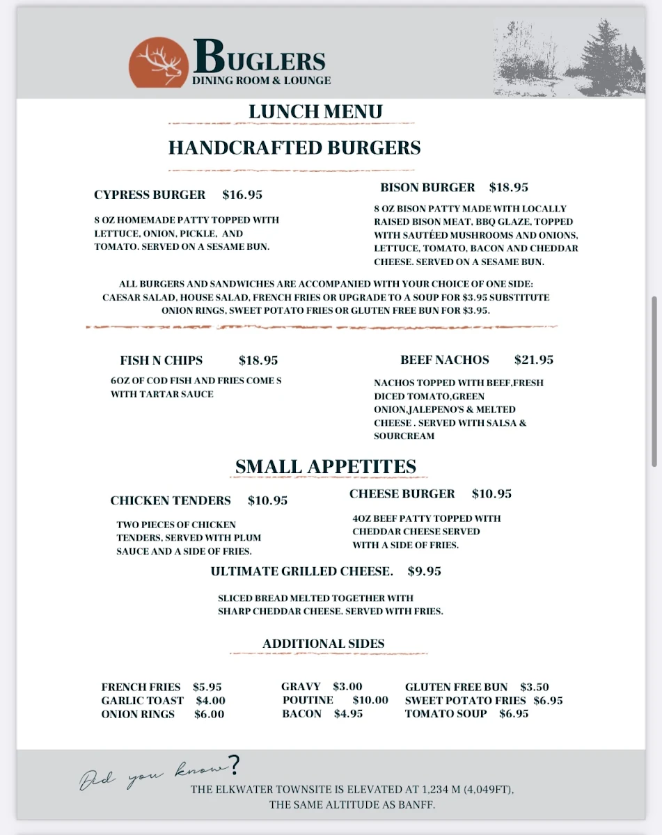 Menu, Buglers Dining Room and Lounge