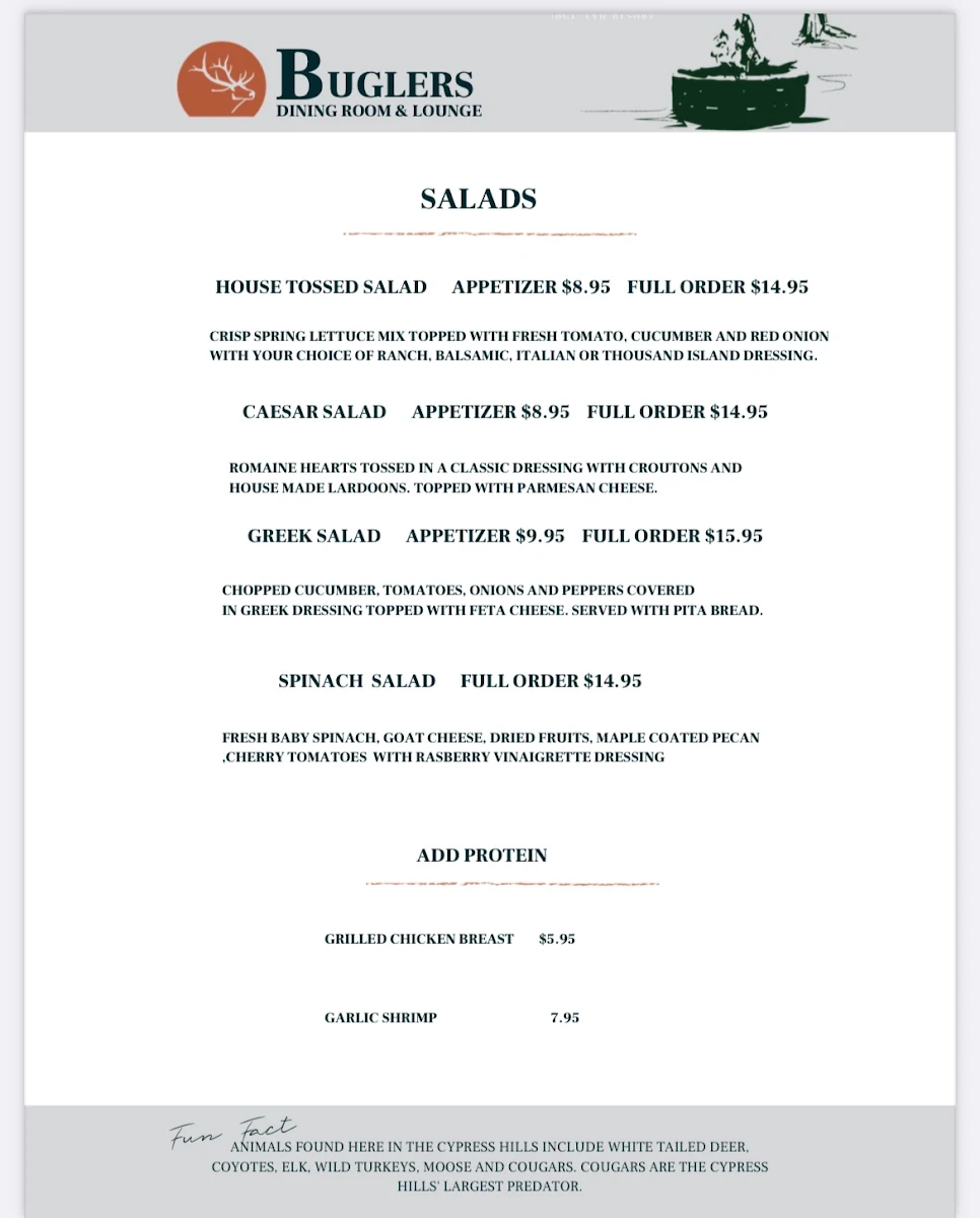 Menu, Buglers Dining Room and Lounge