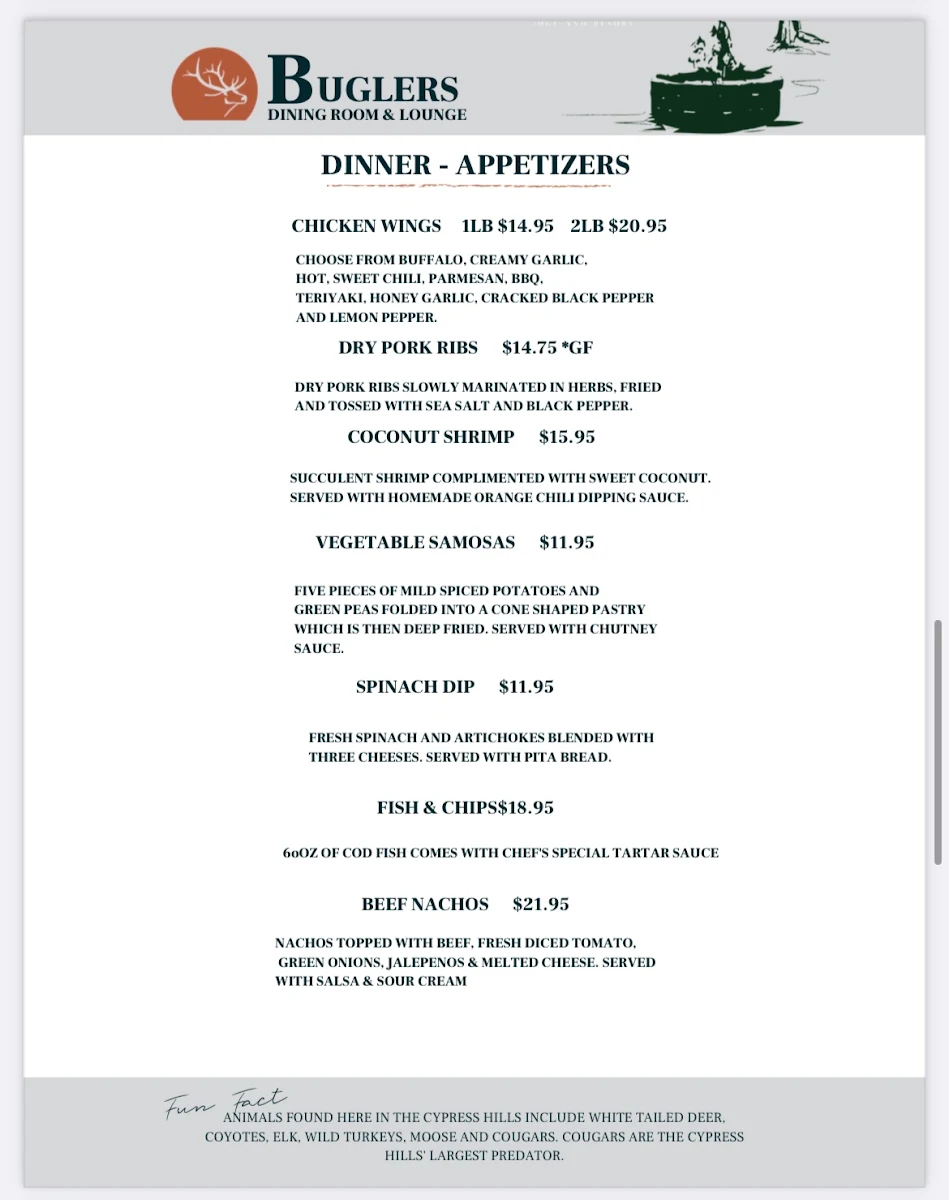 Menu, Buglers Dining Room and Lounge