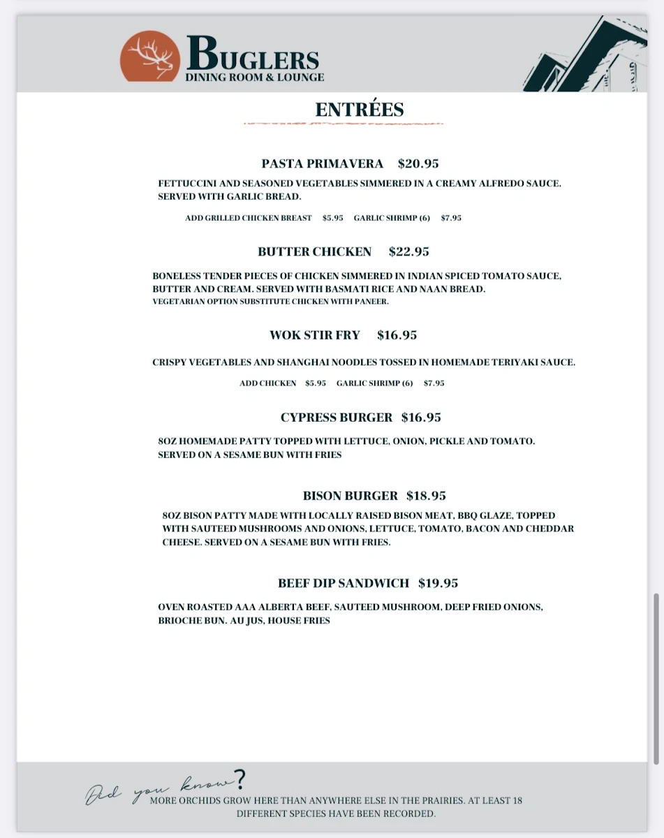 Menu, Buglers Dining Room and Lounge