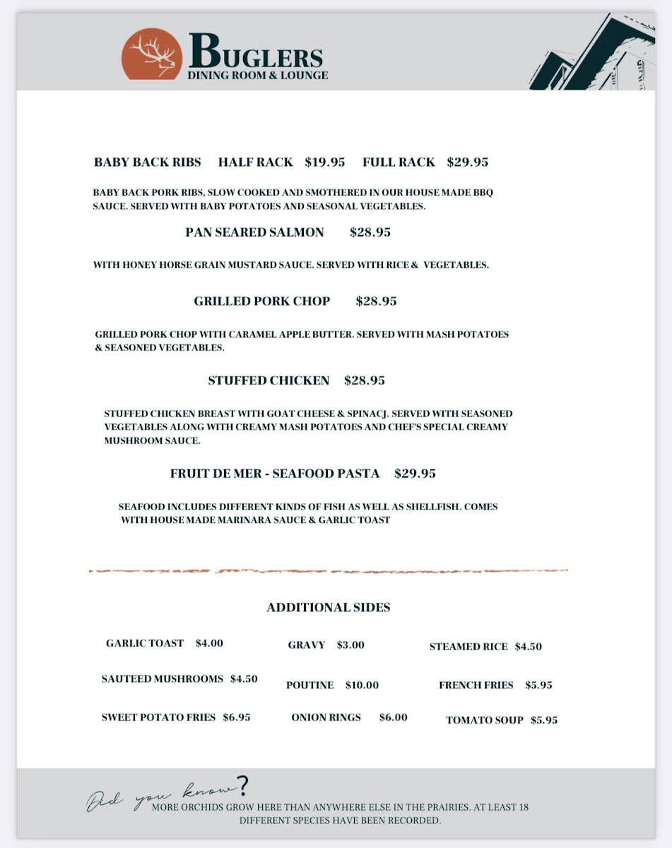 Menu, Buglers Dining Room and Lounge
