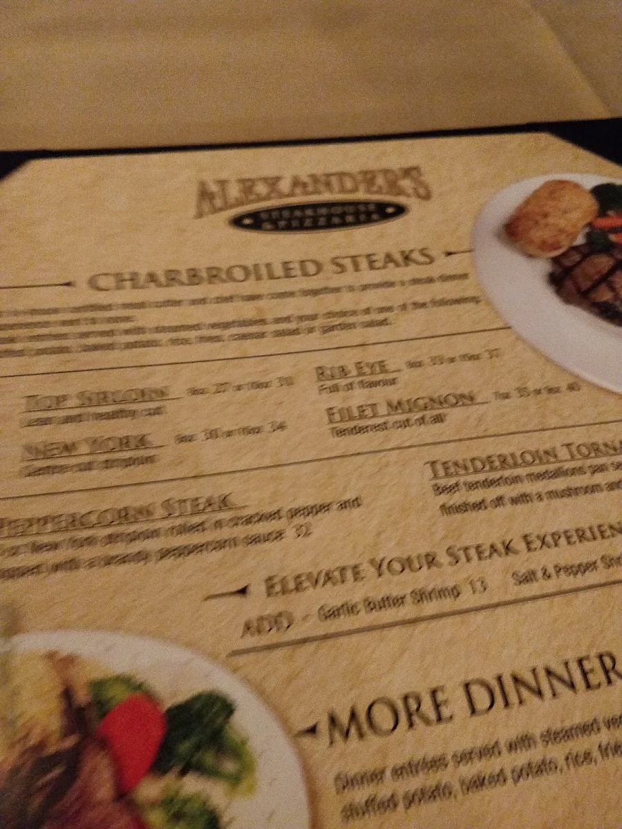 Menu, Alexander's Steakhouse & Pizzaria