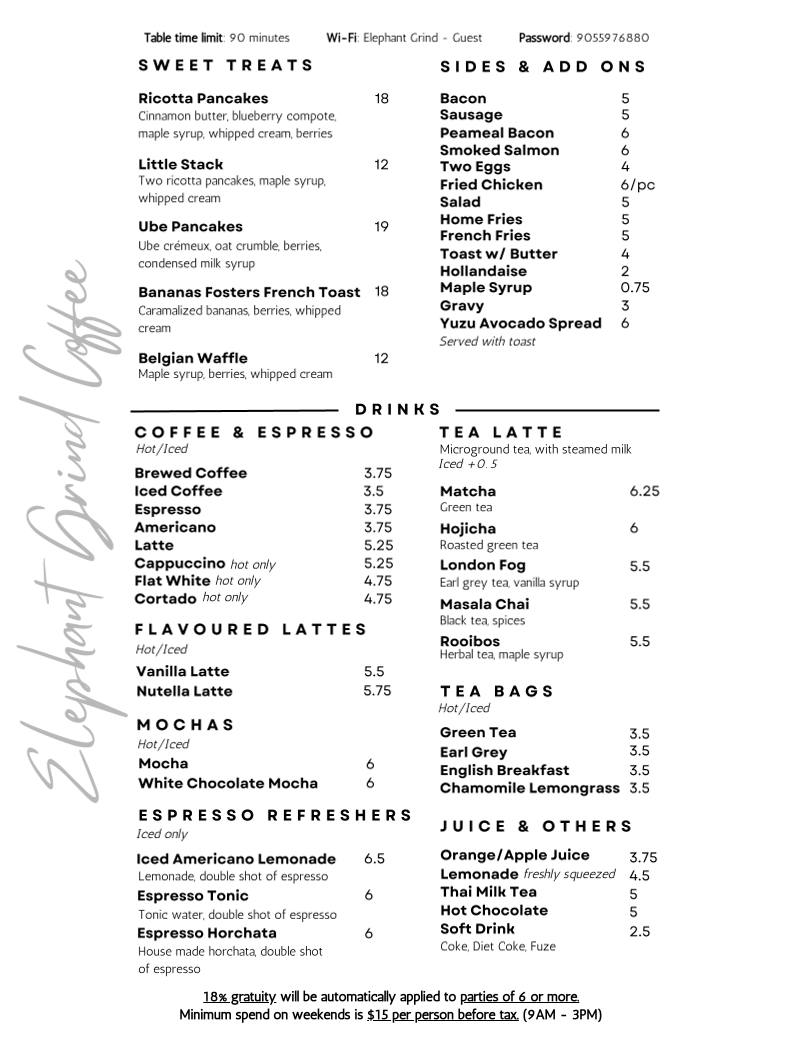 Menu, Elephant Grind Coffee