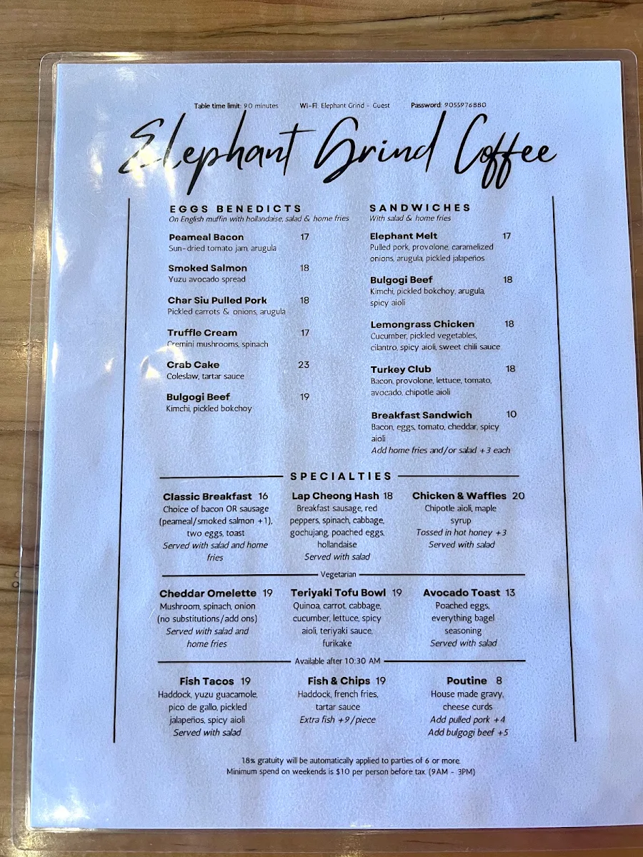 Menu, Elephant Grind Coffee