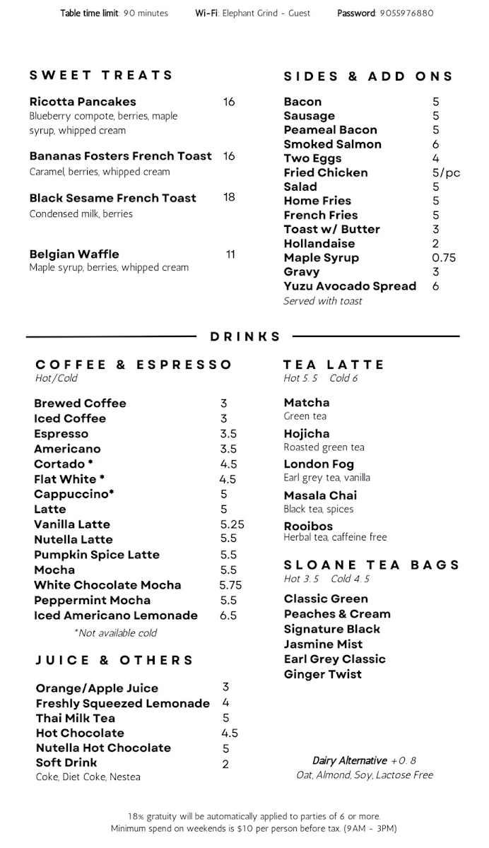 Menu, Elephant Grind Coffee