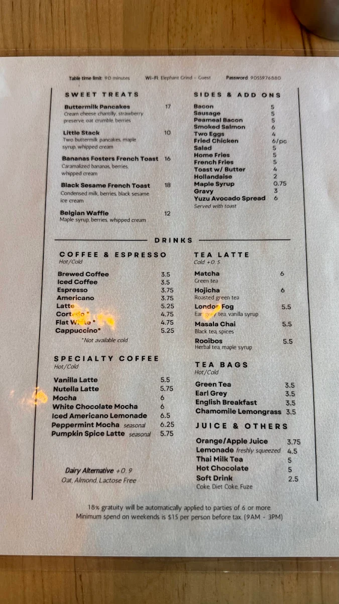 Menu, Elephant Grind Coffee