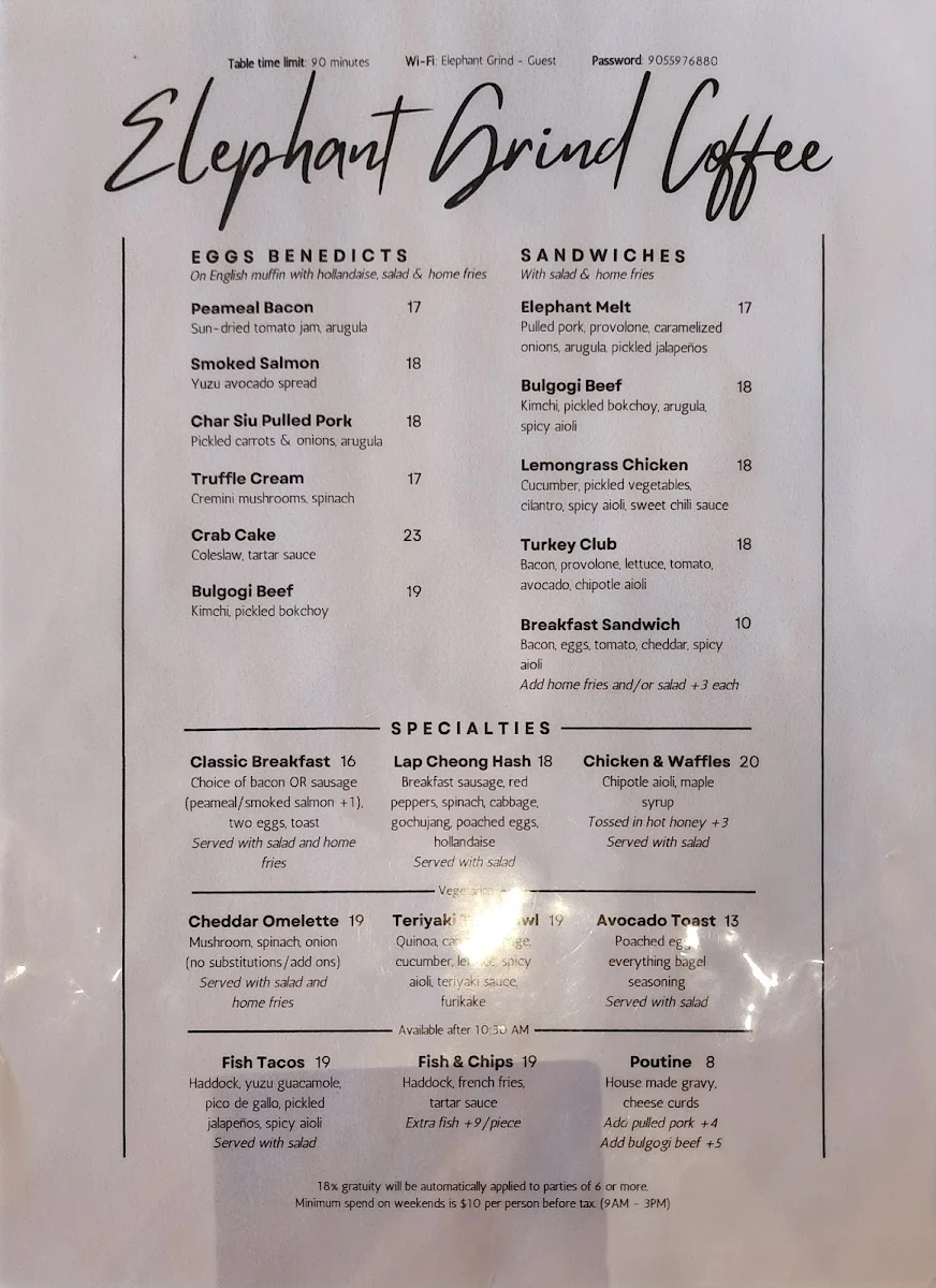 Menu, Elephant Grind Coffee