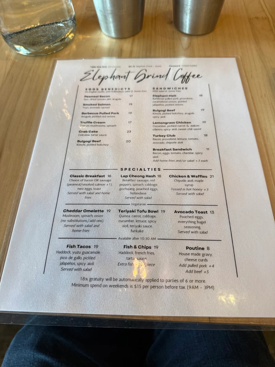 Menu, Elephant Grind Coffee