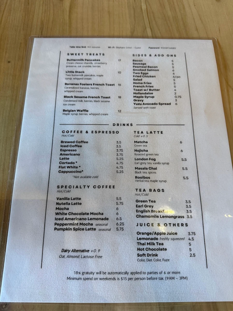 Menu, Elephant Grind Coffee