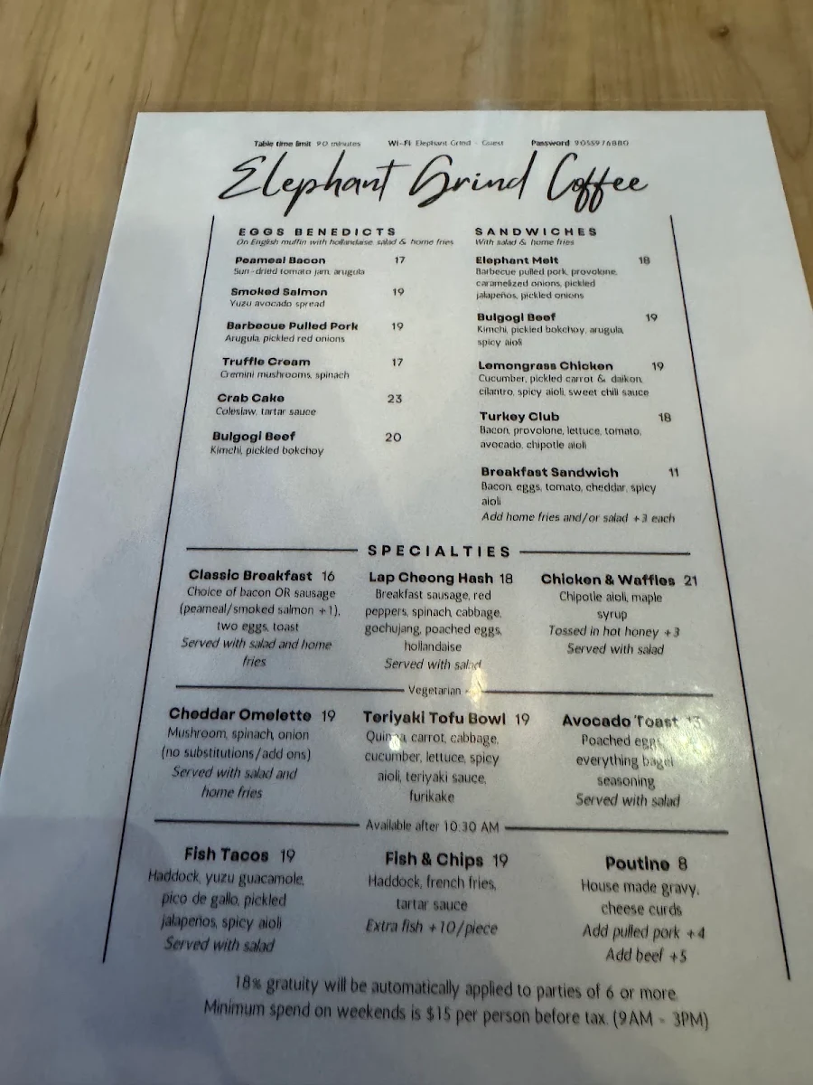 Menu, Elephant Grind Coffee
