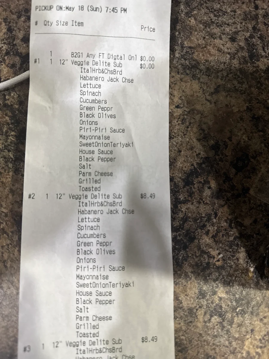 Menu, Subway