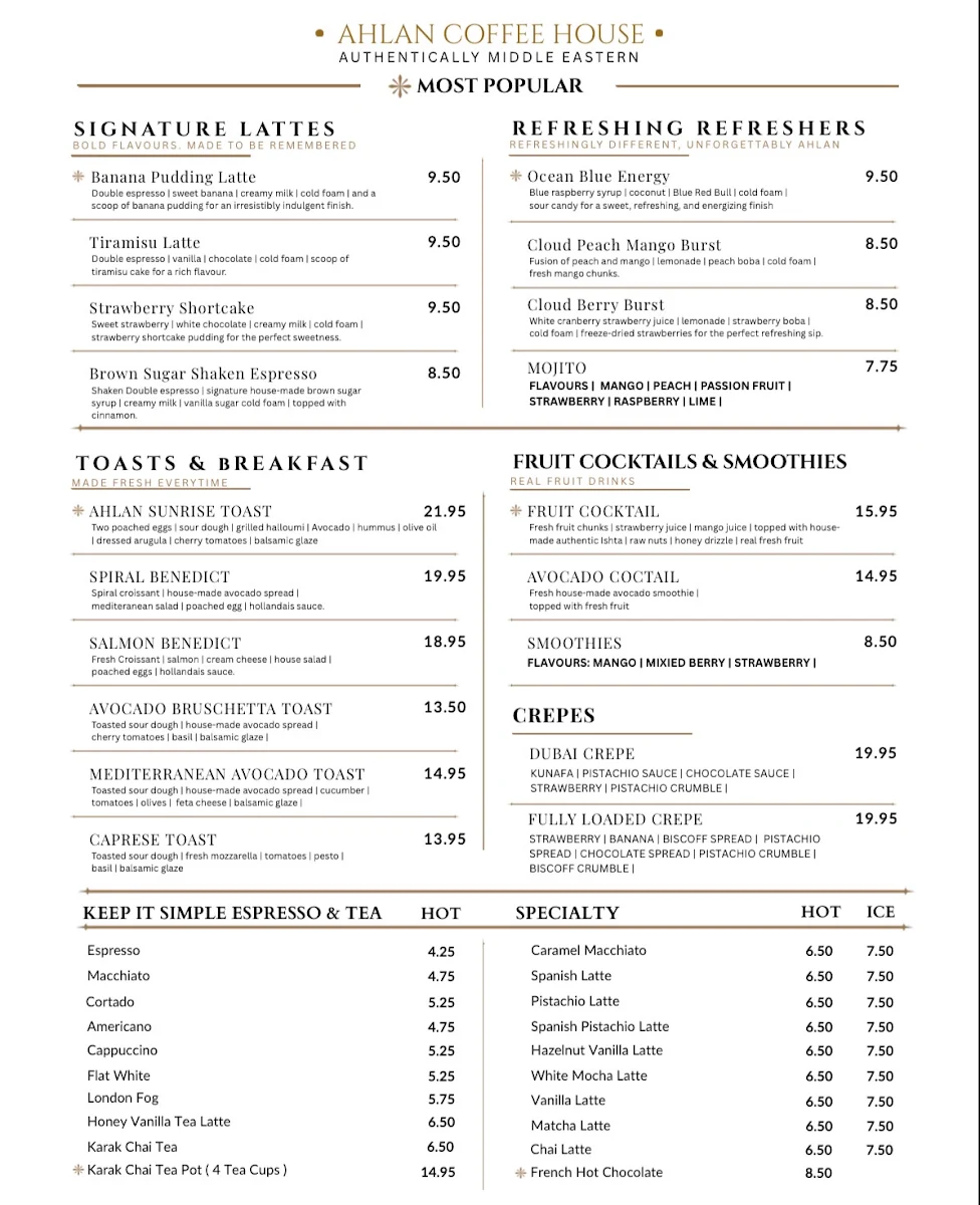 Menu, Ahlan Coffee House