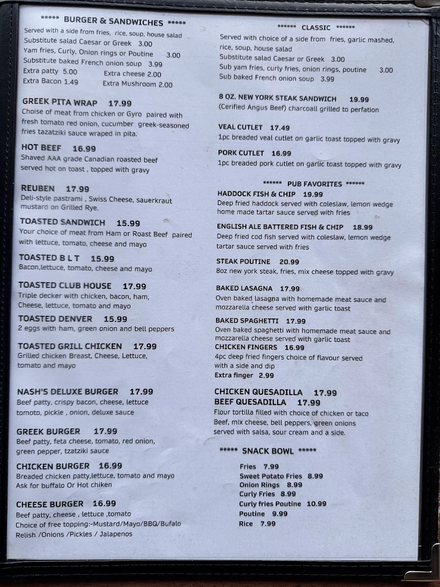Menu, Nash's Restaurant & Lounge