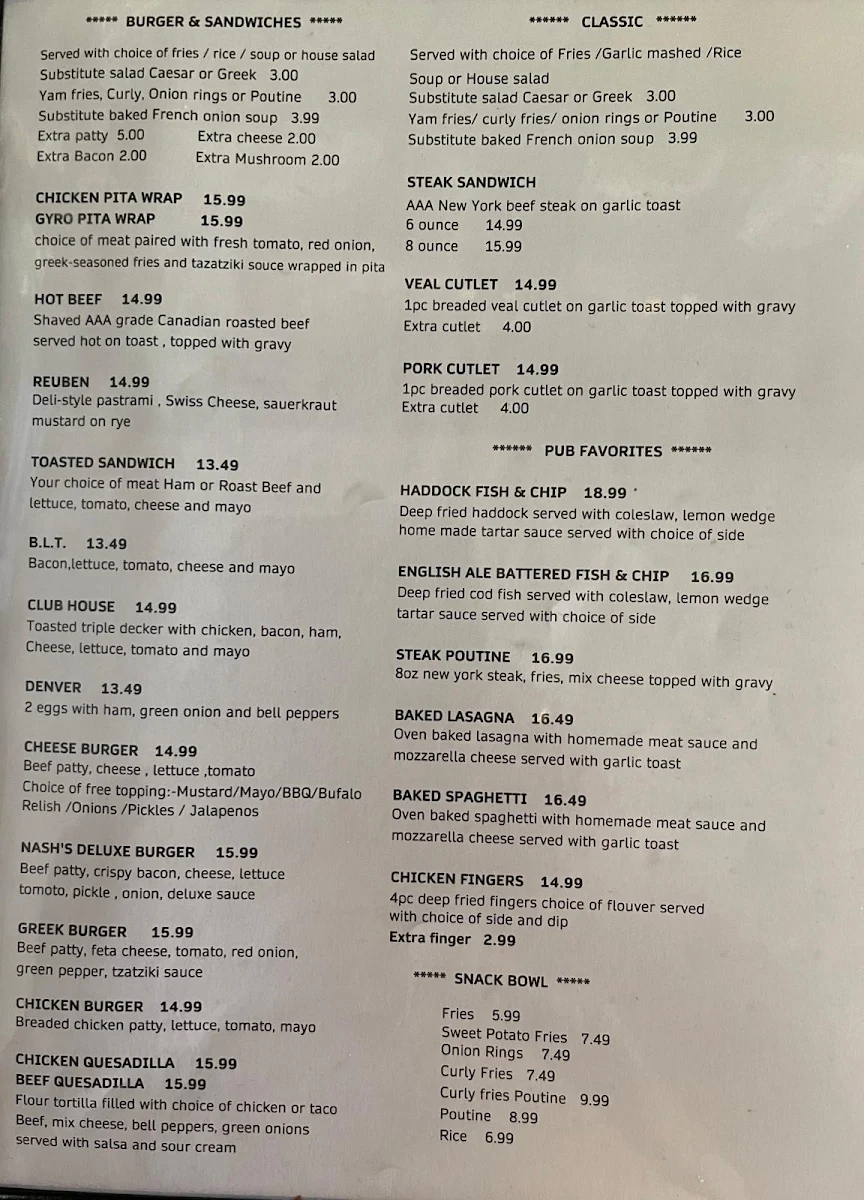 Menu, Nash's Restaurant & Lounge