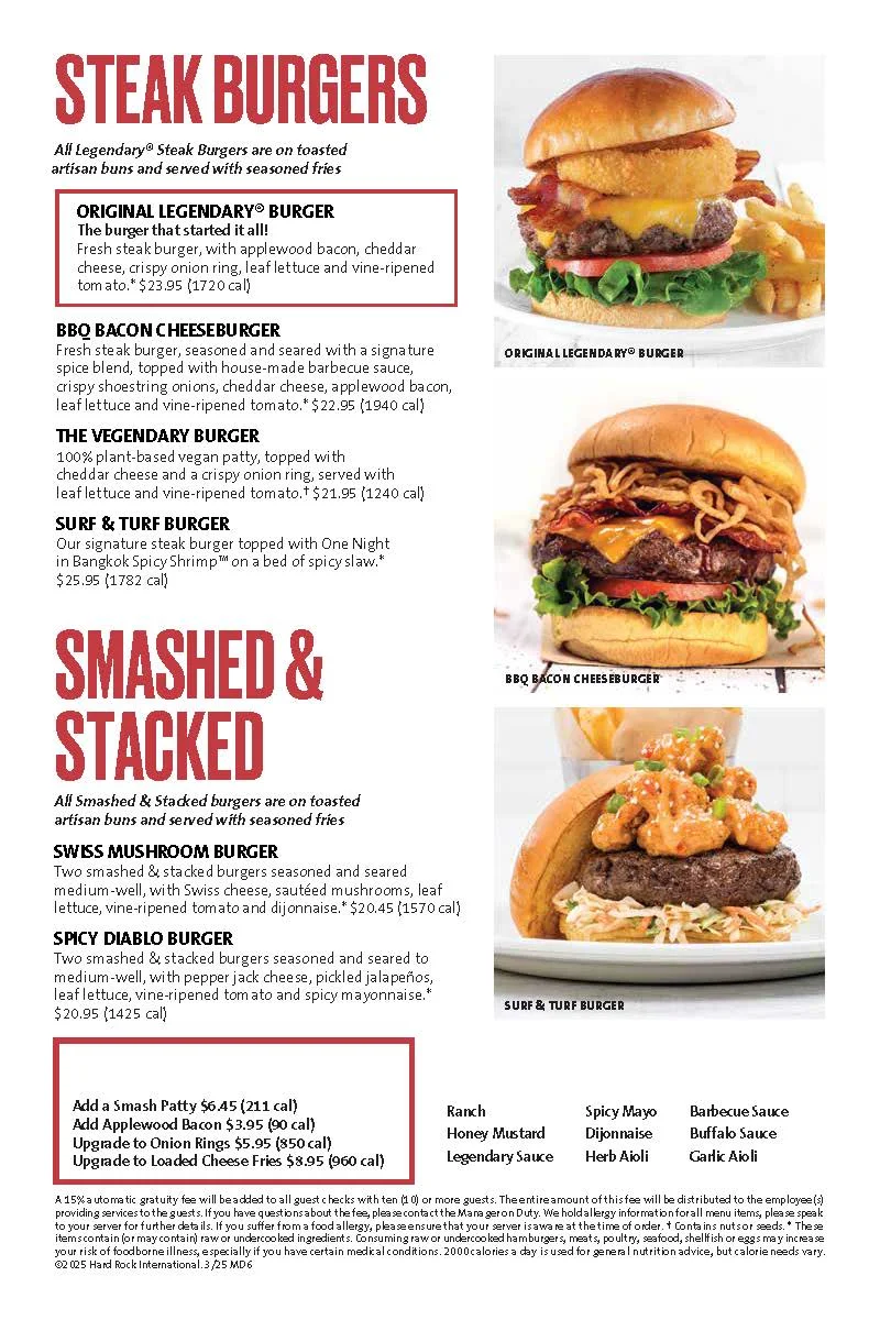 Menu, Hard Rock Cafe