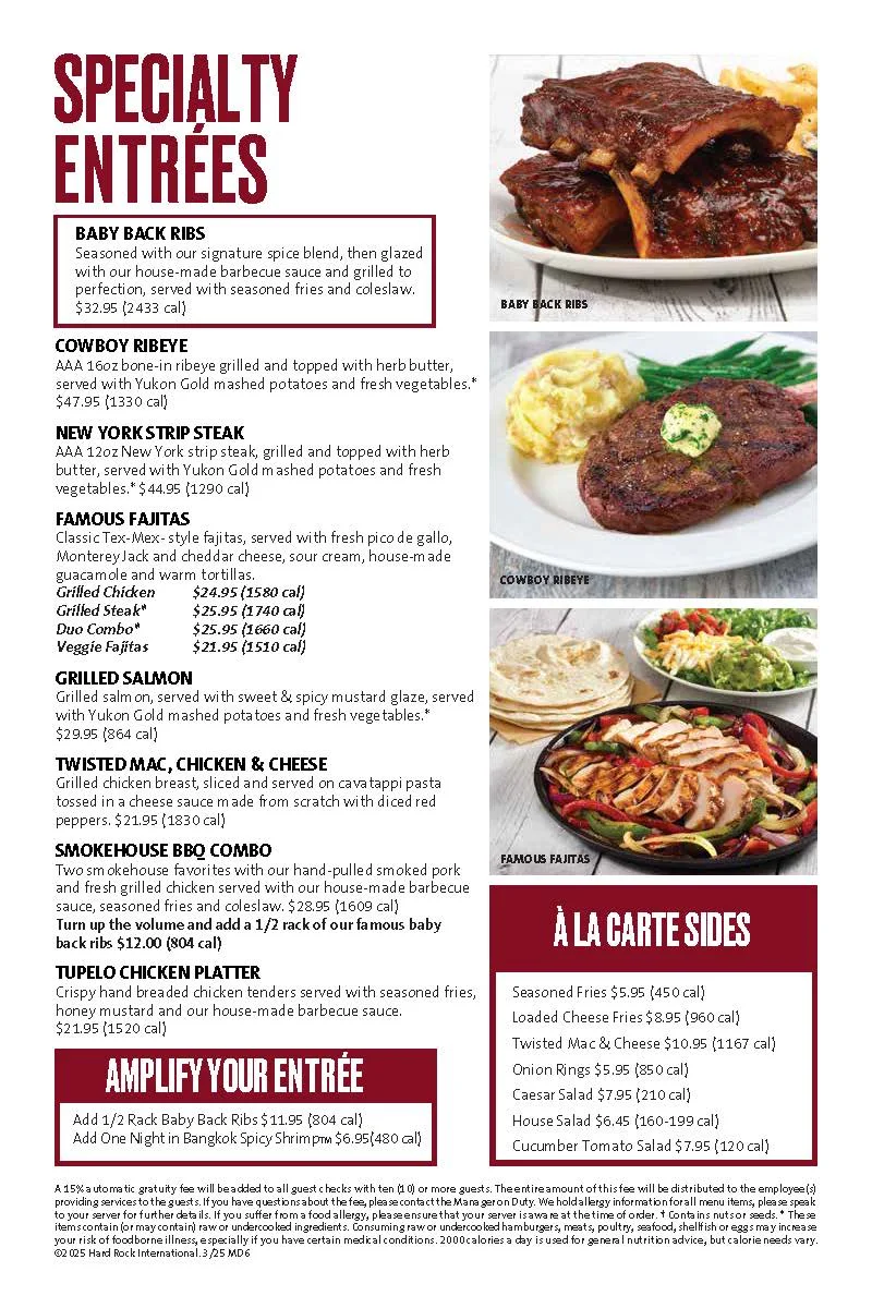 Menu, Hard Rock Cafe