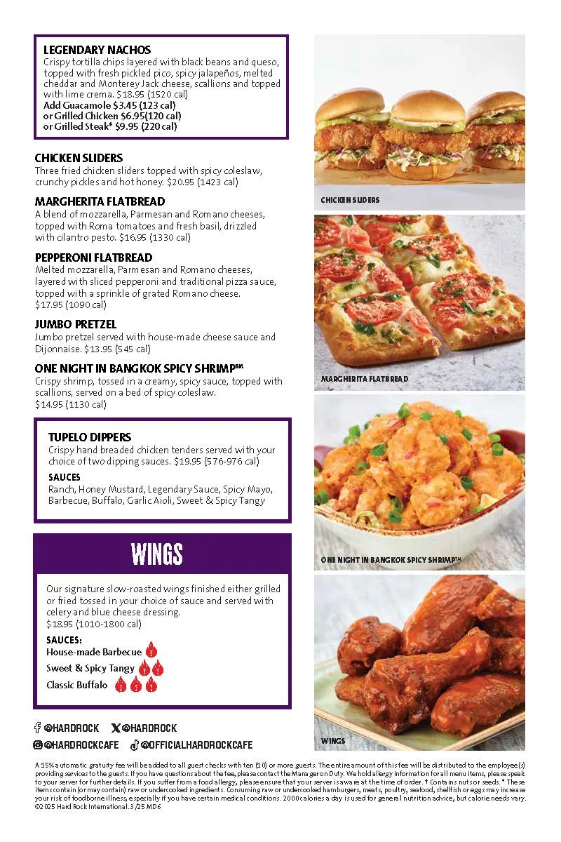 Menu, Hard Rock Cafe