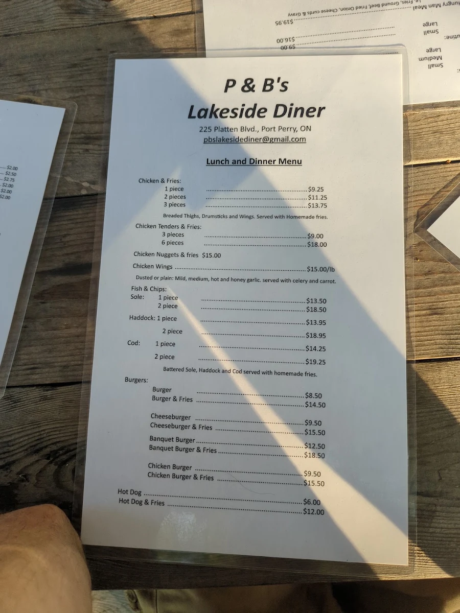 Menu, P & B's Lakeside Diner