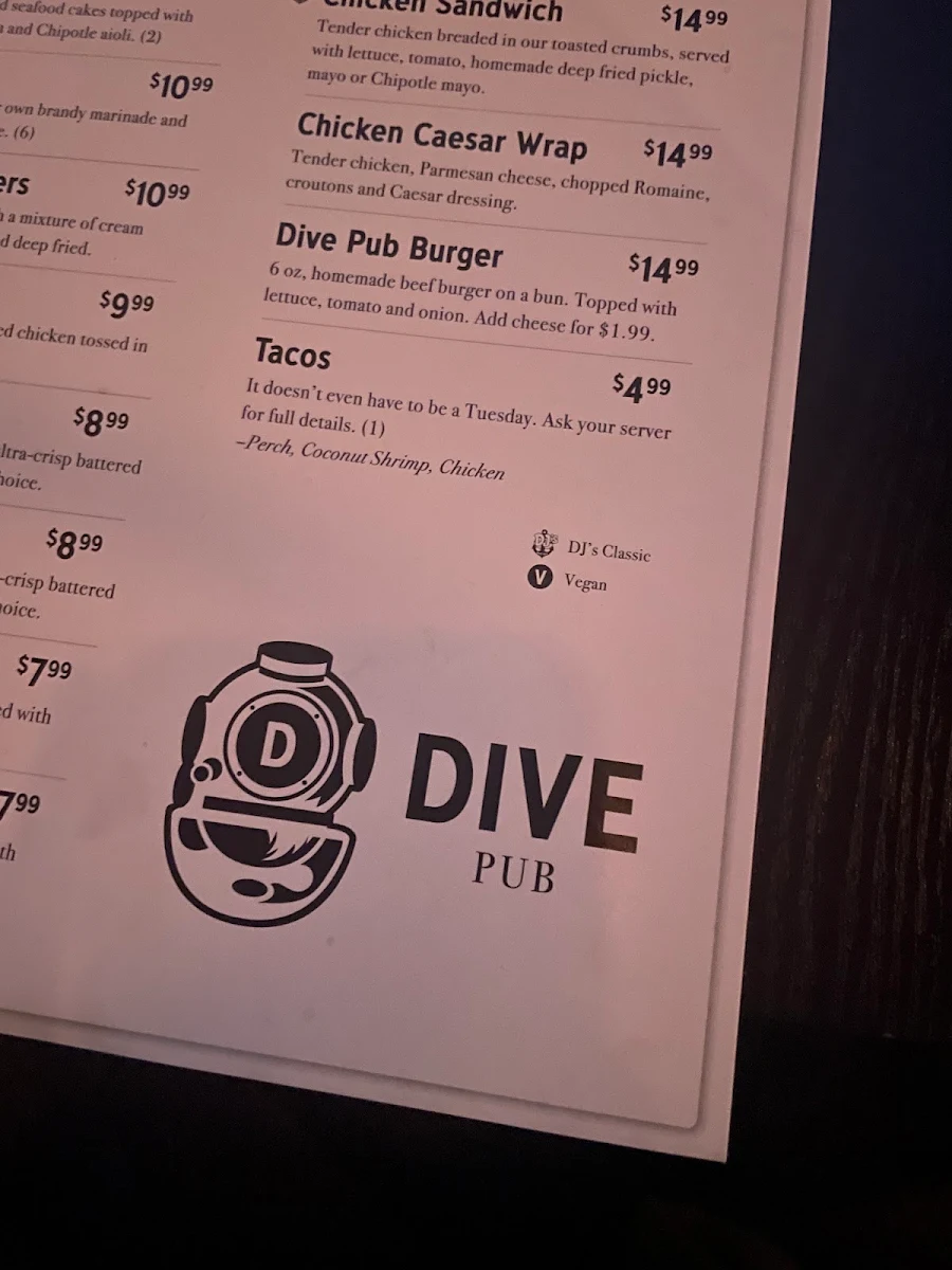 Menu, Dive Pub
