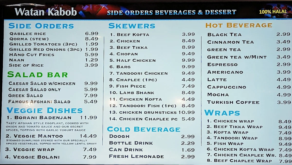 Menu, Watan Kabob - Matheson