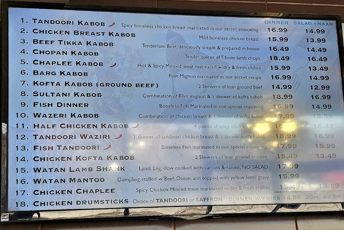 Menu, Watan Kabob - Matheson