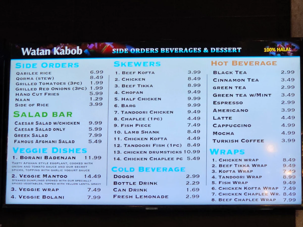 Menu, Watan Kabob - Matheson