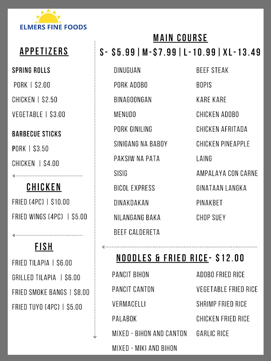 Menu, ELMER's Fine Foods(Order From Website, Save More!)