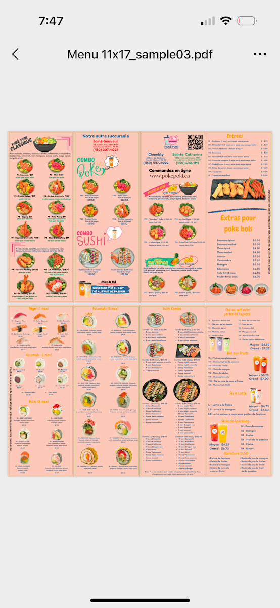 Menu, Poké Poki-Chambly