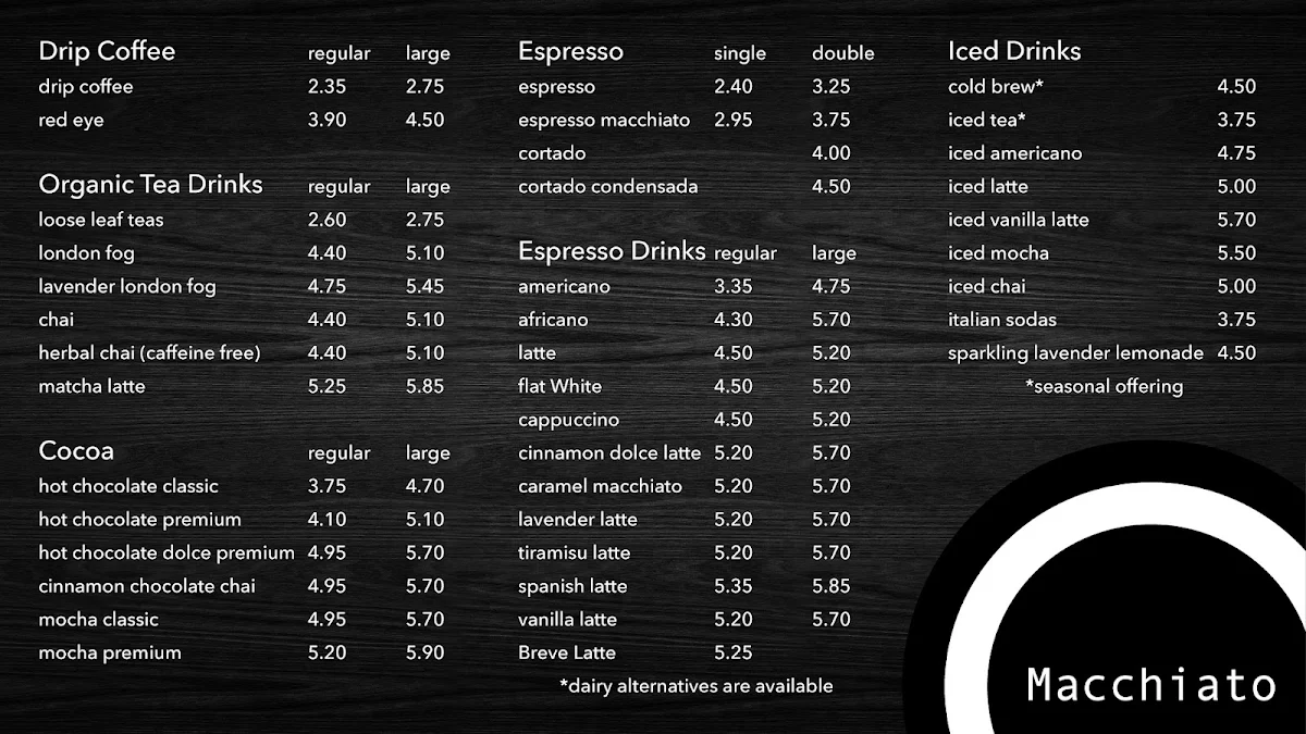 Menu, Macchiato Caffe at The Juliet