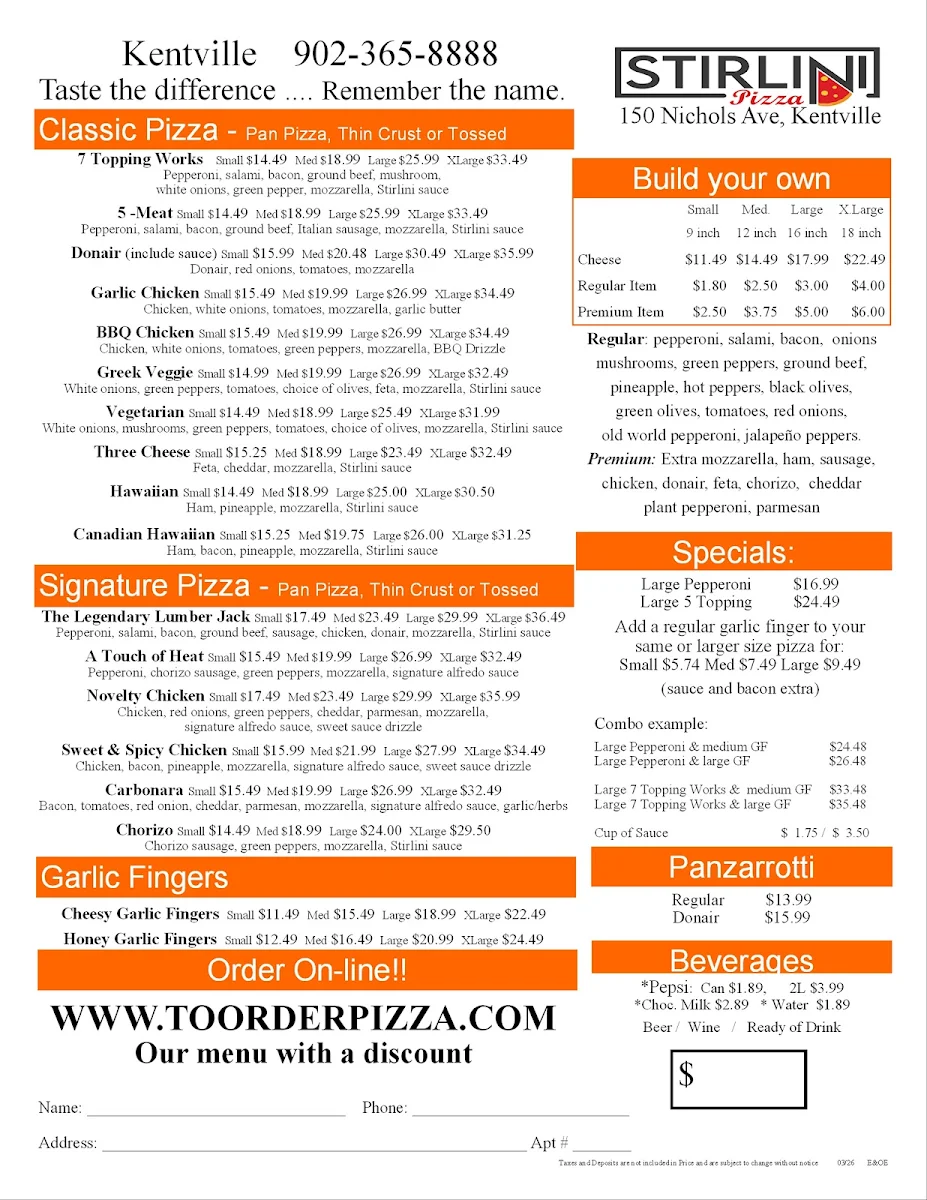 Menu, Stirlini Pizza