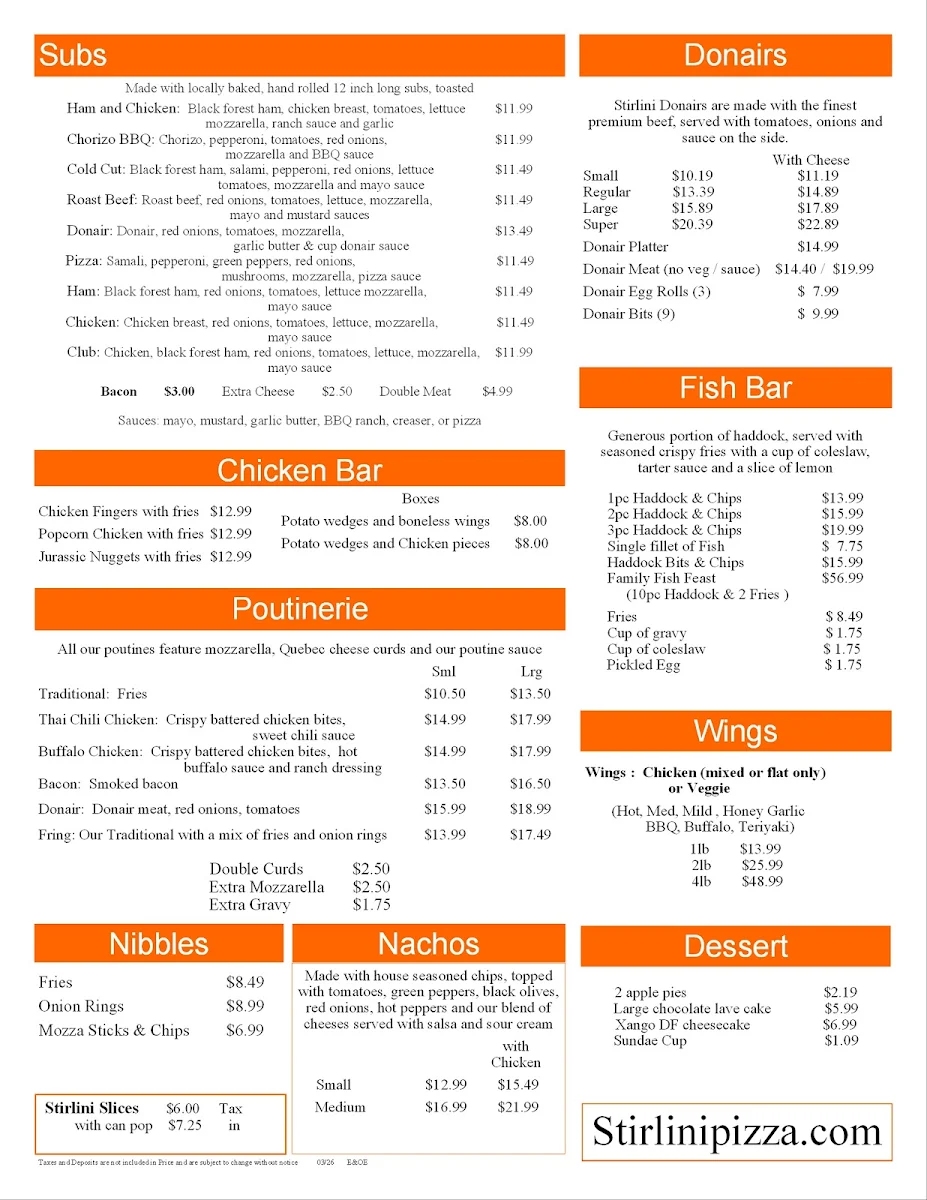 Menu, Stirlini Pizza