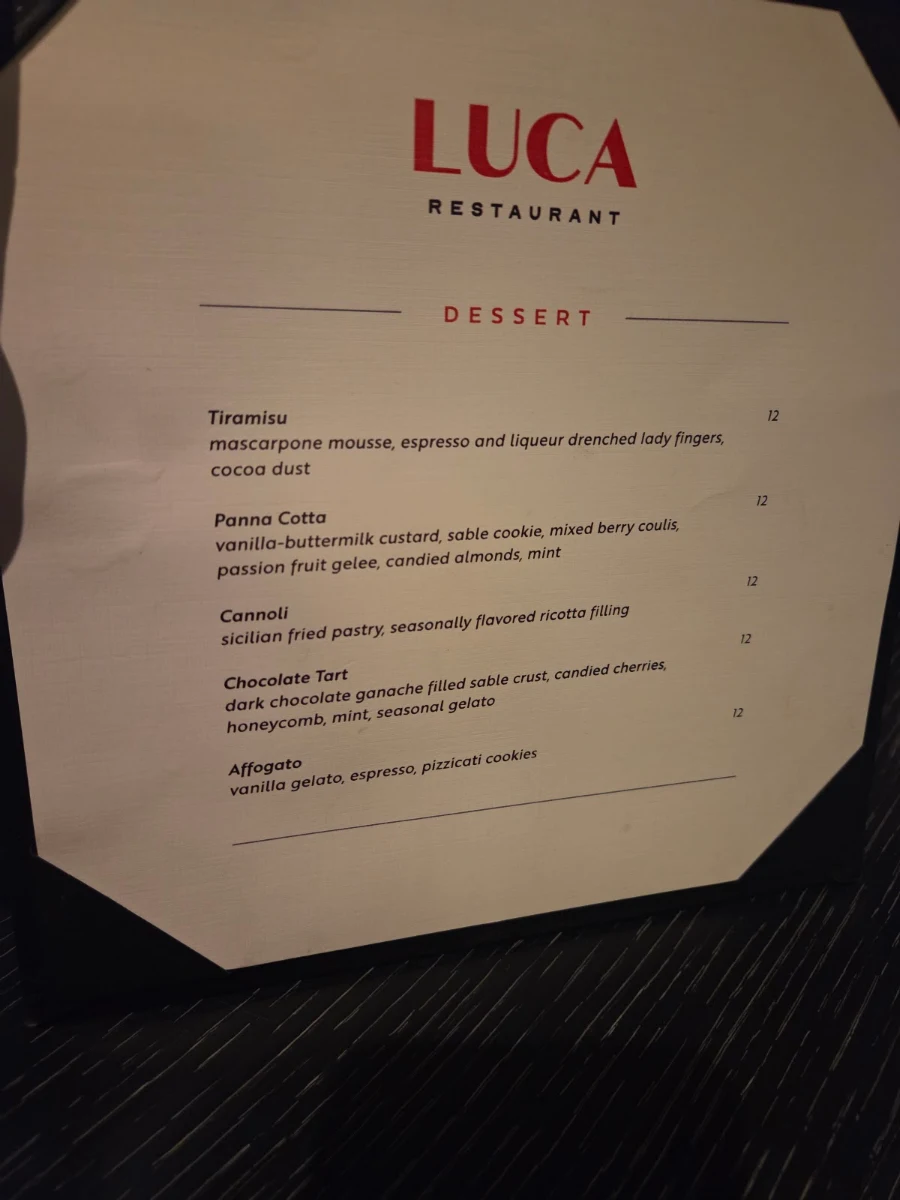 Menu, Luca Restaurant