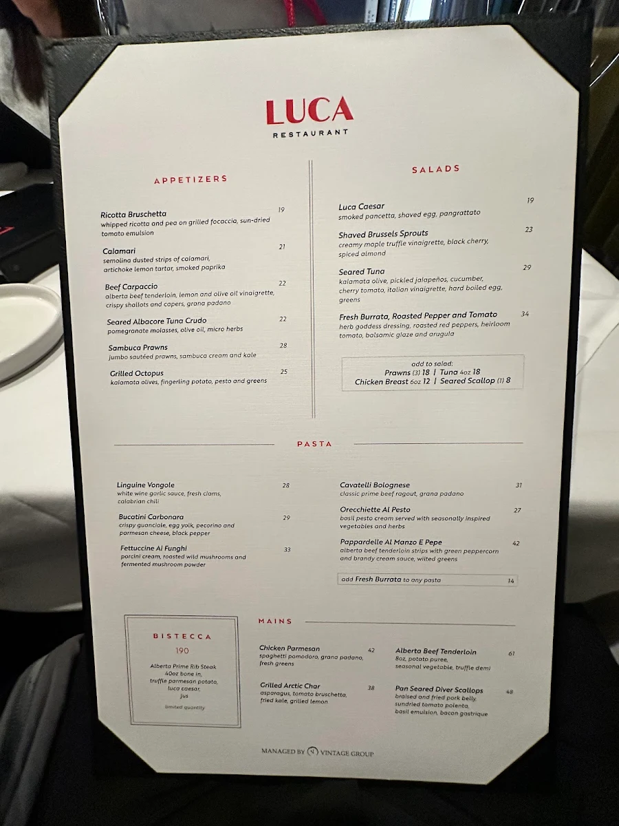 Menu, Luca Restaurant